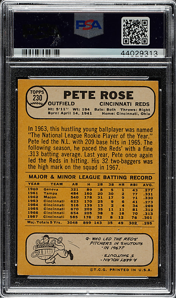 Signed 1968 Topps #230 Pete Rose PSA/DNA GEM MINT 10