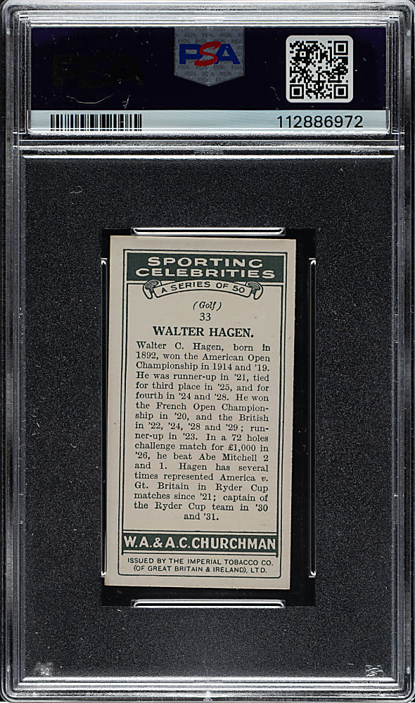 1931 W. A. & A. C. Churchman "Sporting Celebrities" #33 Walter Hagen PSA EX 5