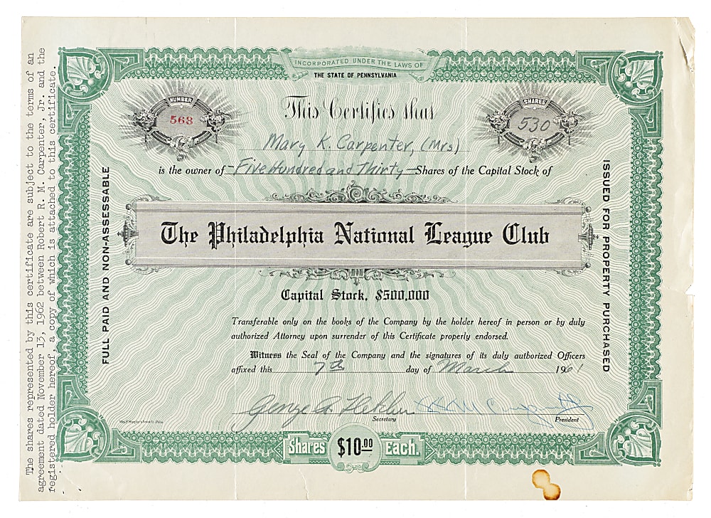1961 Philadelphia Phillies Stock Certificate Signed by Robert R. M. Carpenter Jr.