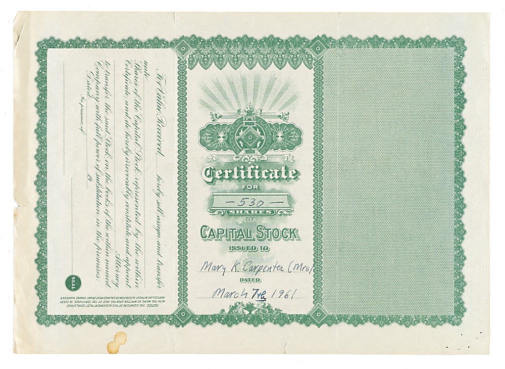 1961 Philadelphia Phillies Stock Certificate Signed by Robert R. M. Carpenter Jr.