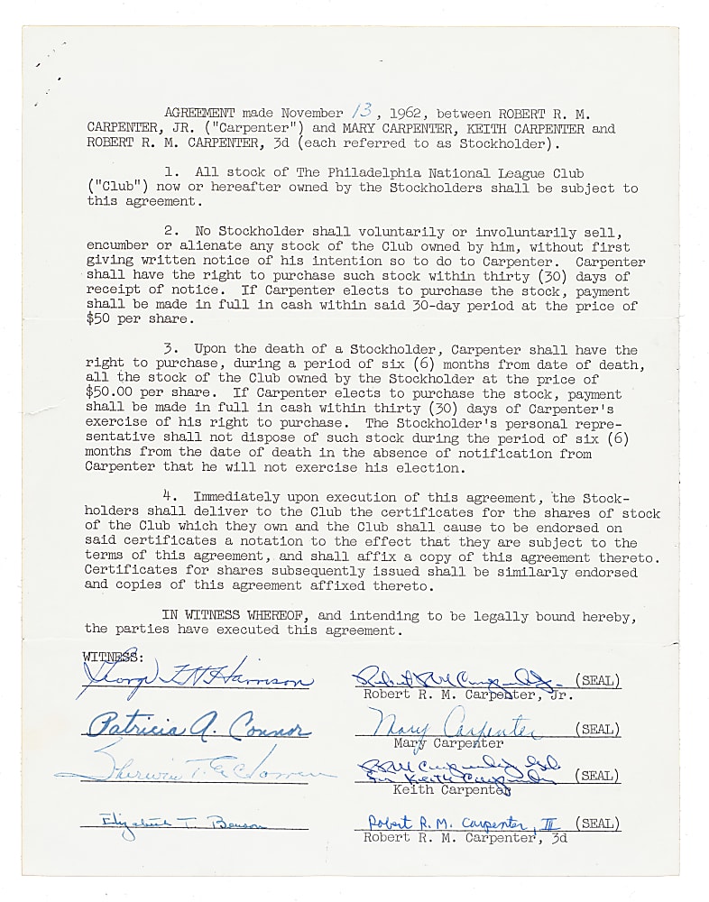 1961 Philadelphia Phillies Stock Certificate Signed by Robert R. M. Carpenter Jr.