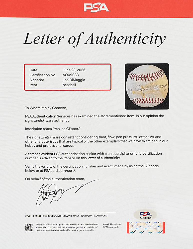 Joseph Paul DiMaggio Full-Name Single-Signed Baseball with "Yankee Clipper" Inscription - PSA/DNA