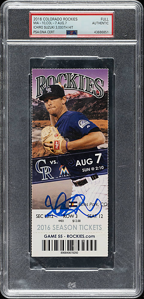 August 7, 2016 Colorado Rockies (vs. Miami Marlins) Full Ticket Signed by Ichiro Suzuki - PSA - Ichiro 3,000 Hit