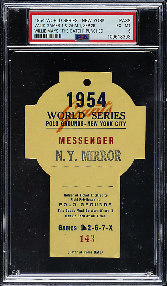 1954 New York Giants (vs. Cleveland Indians) World Series Game 1 & 2 Press Pass PSA EX-MT 6 - Willie Mays Makes "The Catch"