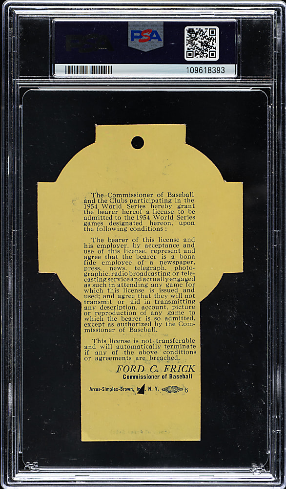 1954 New York Giants (vs. Cleveland Indians) World Series Game 1 & 2 Press Pass PSA EX-MT 6 - Willie Mays Makes "The Catch"
