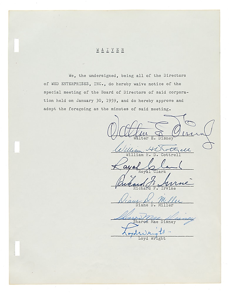 1959 Walt Disney Multi-Signed Wavier Notice - JSA
