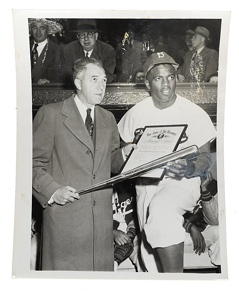 Circa 1950 Jackie Robinson and Ford Frick Hillerich & Bradsby Silver Bat Award Presentation Original The Sporting News Photograph PSA/DNA Type I