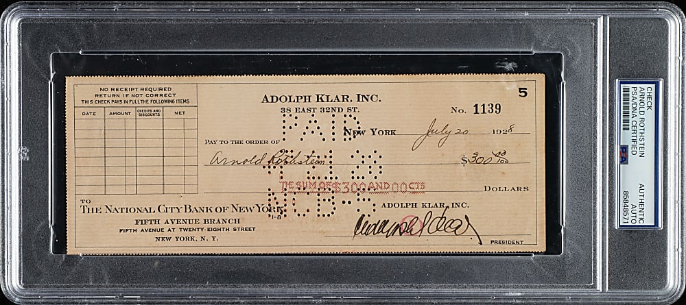 1928 Arnold Rothstein (1919 Black Sox "Fixer") Endorsed Check - PSA/DNA