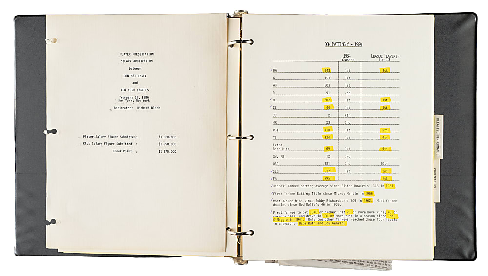 1986 Don Mattingly Salary Arbitration Case and Agent's Presentation
