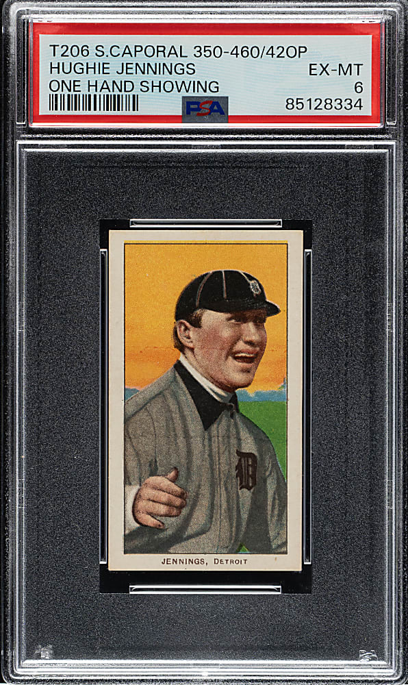 1909-1911 T206 White Border Hughie Jennings One Hand Showing PSA EX-MT 6