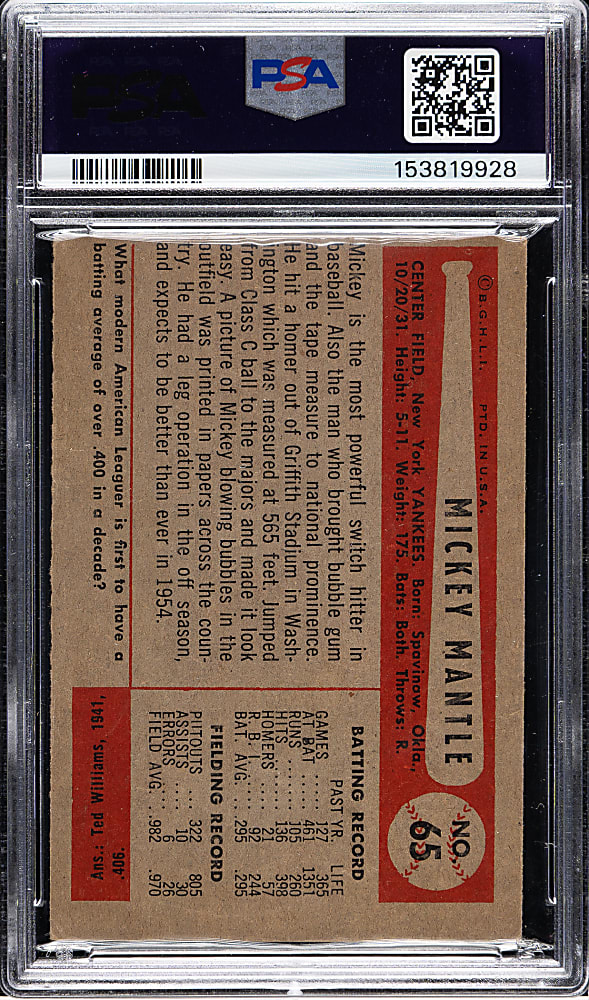 1954 Bowman #65 Mickey Mantle PSA VG 3