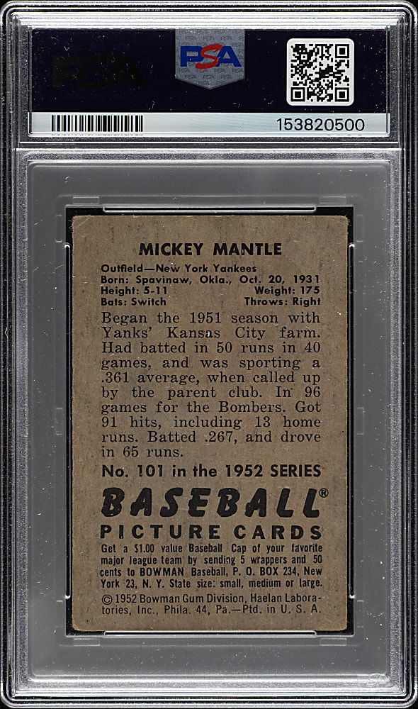 1952 Bowman #101 Mickey Mantle PSA GOOD+ 2.5