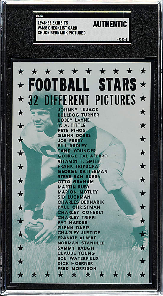 Extremely Rare 1948-1952 W468 Football Exhibits Checklist Featuring Chuck Bednarik - SGC