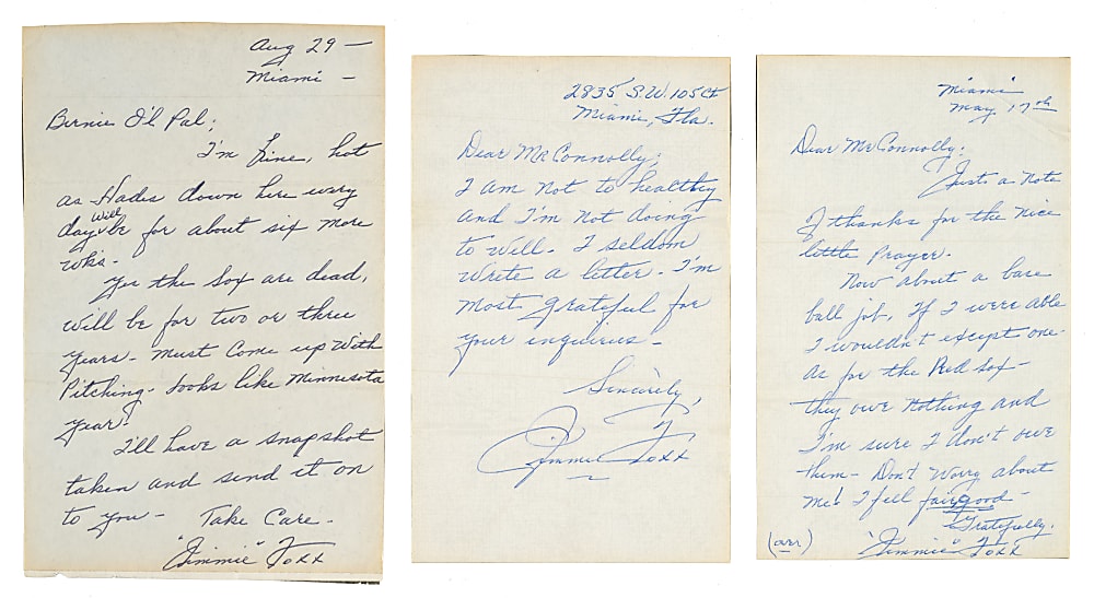 Trio of Jimmie Foxx Handwritten and Signed Letters - JSA
