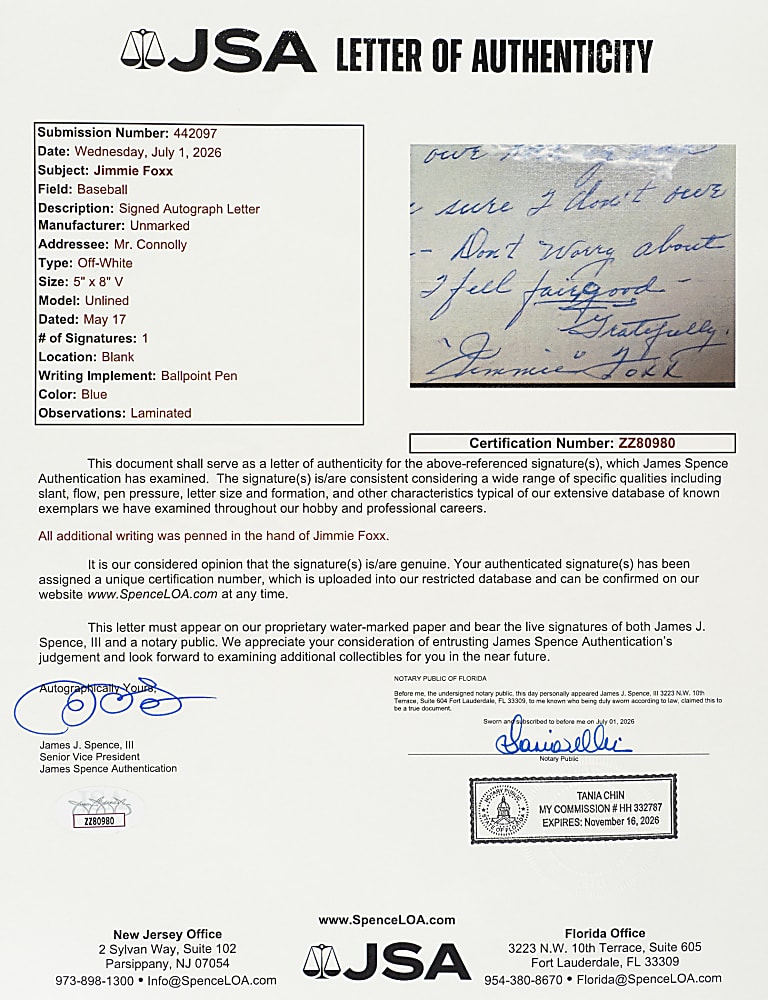 Trio of Jimmie Foxx Handwritten and Signed Letters - JSA