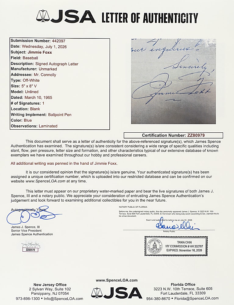Trio of Jimmie Foxx Handwritten and Signed Letters - JSA