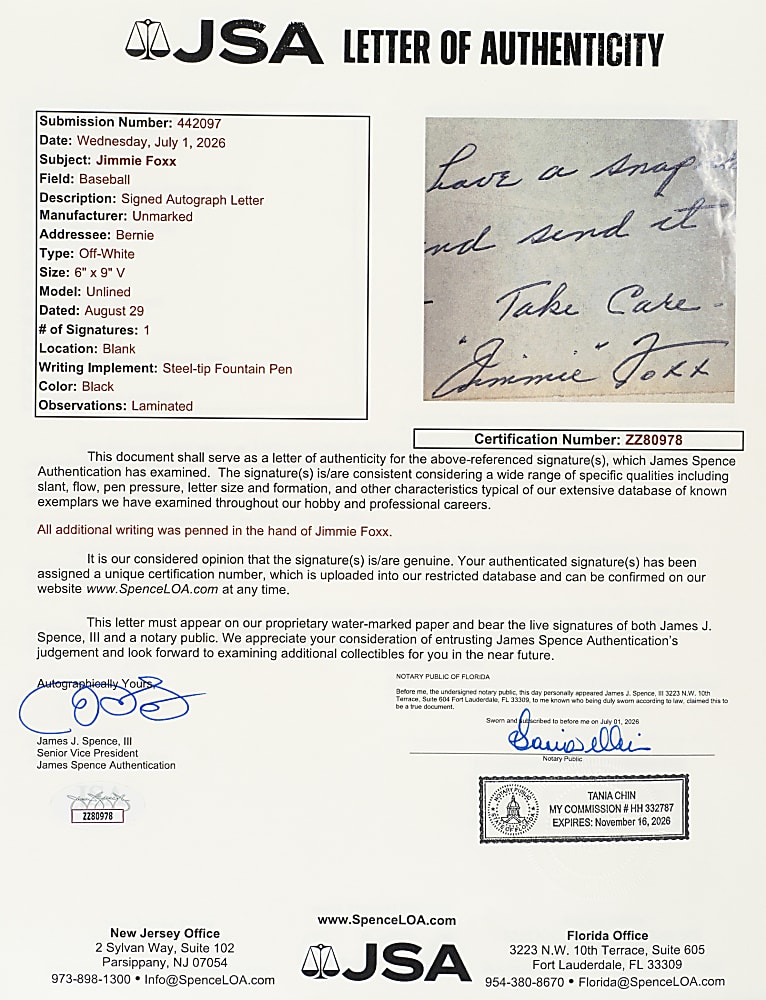 Trio of Jimmie Foxx Handwritten and Signed Letters - JSA