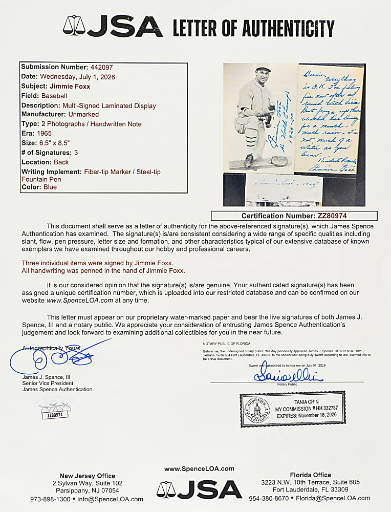Trio of Jimmie Foxx Signed Real Photo Postcard, Photograph and Letter - JSA