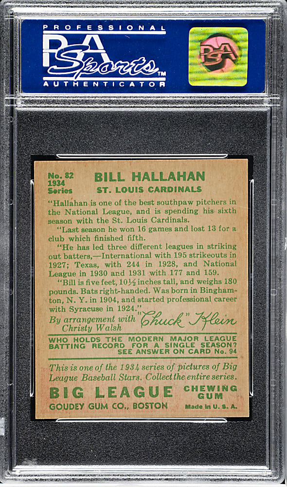 1934 R320 Goudey #82 Bill Hallahan PSA NM-MT 8