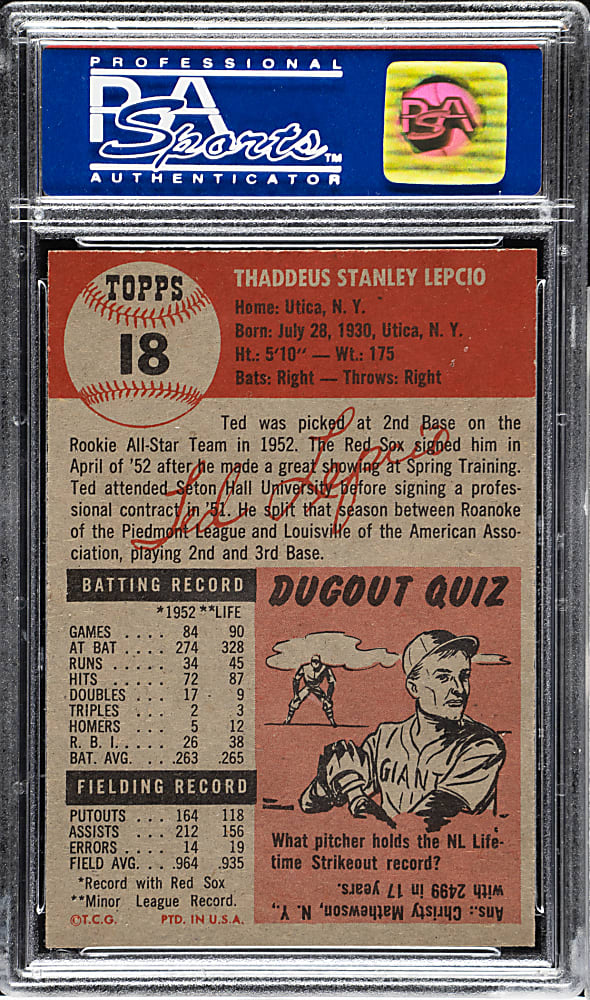 1953 Topps #18 Ted Lepcio PSA MINT 9