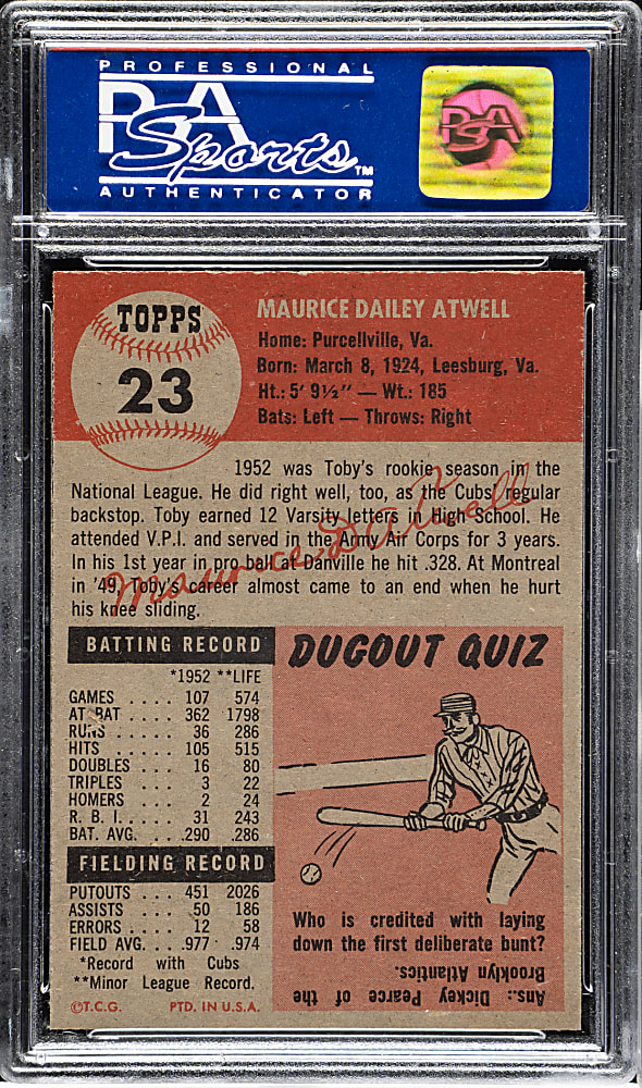 1953 Topps #23 Toby Atwell PSA MINT 9