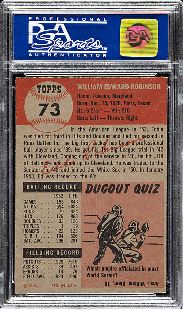 1953 Topps #73 Eddie Robinson PSA MINT 9 - Highest Graded!