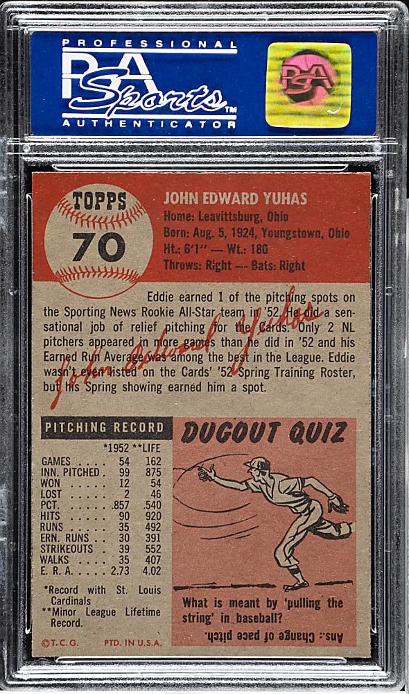 1953 Topps #70 Eddie Yuhas PSA MINT 9 - Highest Graded!