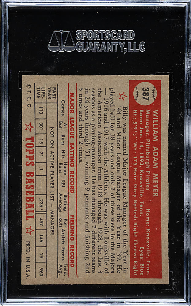 1952 Topps #387 Billy Meyer High Number SGC NM/MT 88