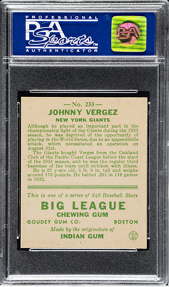 1933 R319 Goudey #233 Johnny Vergez PSA NM-MT 8