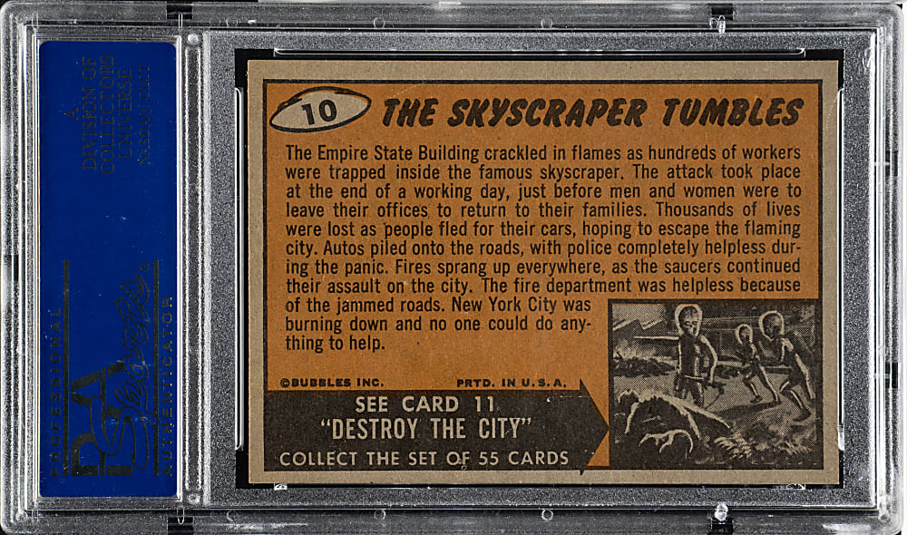 1962 Topps "Mars Attacks" #10 "The Skyscraper Tumbles" PSA NM-MT 8