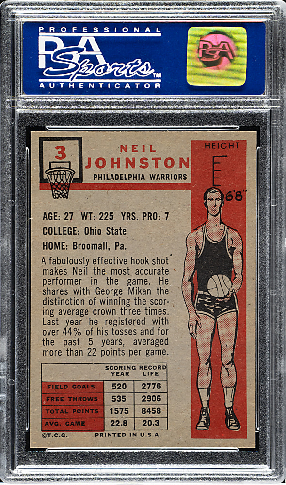 1957-1958 Topps Basketball #3 Neil Johnston Rookie PSA NM-MT 8