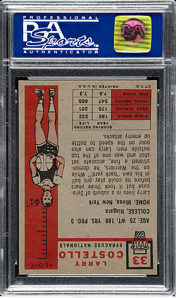 1957-1958 Topps Basketball #33 Larry Costello Rookie PSA MINT 9 - Highest Graded!