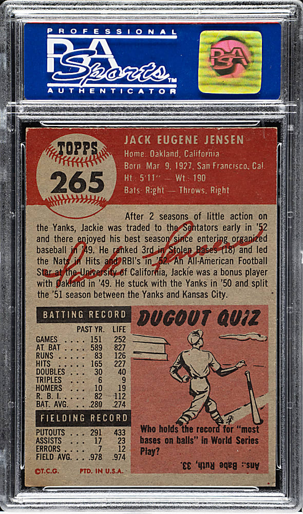 1953 Topps #265 Jackie Jensen PSA NM-MT 8