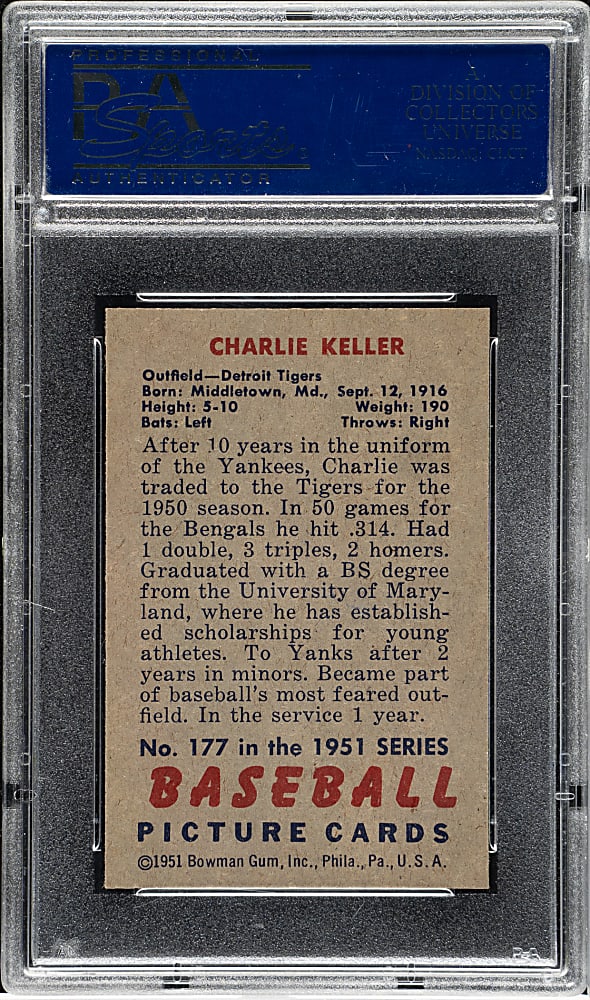 1951 Bowman #177 Charlie Keller PSA MINT 9