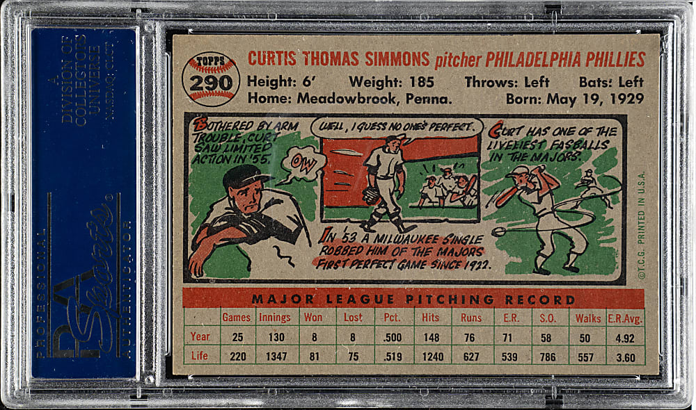 1956 Topps #290 Curt Simmons PSA MINT 9 - Highest Graded!