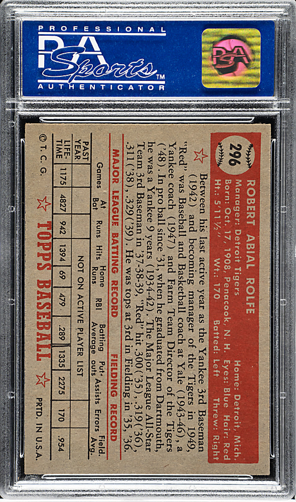 1952 Topps #296 Red Rolfe PSA NM-MT 8
