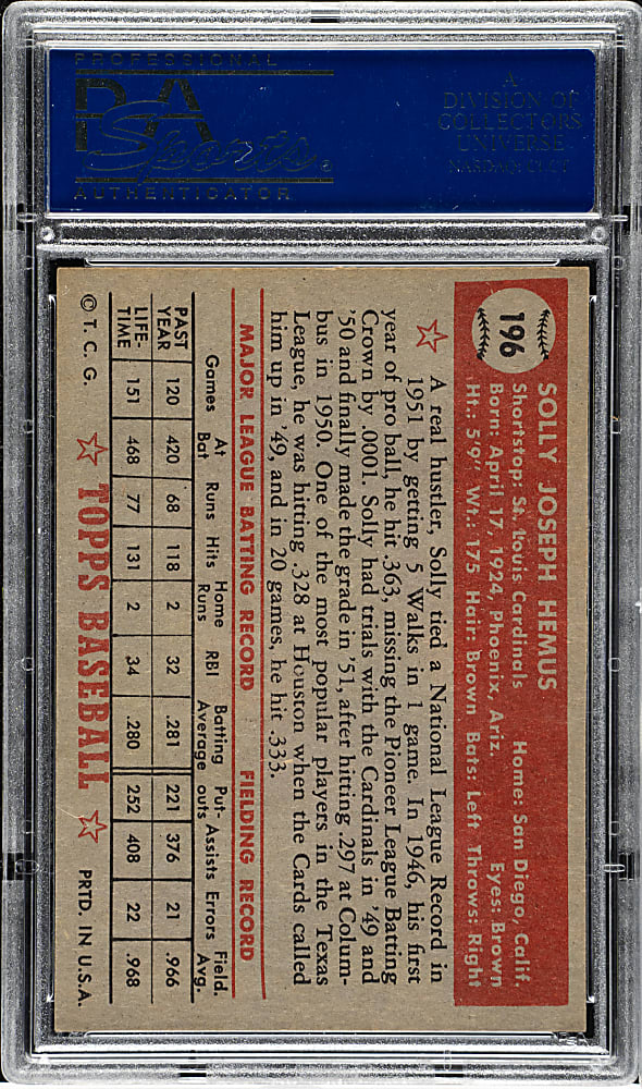 1952 Topps #196 Solly Hemus PSA NM-MT 8