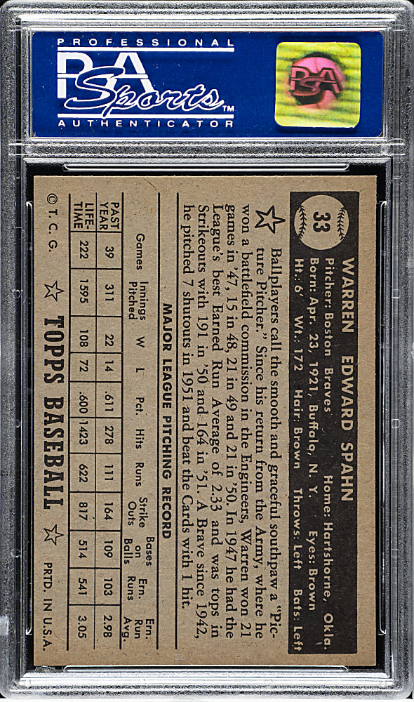 1952 Topps #33 Warren Spahn Black Back PSA NM-MT 8