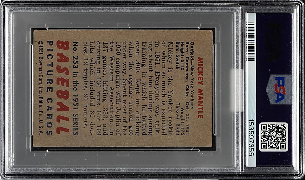 1951 Bowman #253 Mickey Mantle Rookie PSA VG 3 (MBA Silver Diamond)