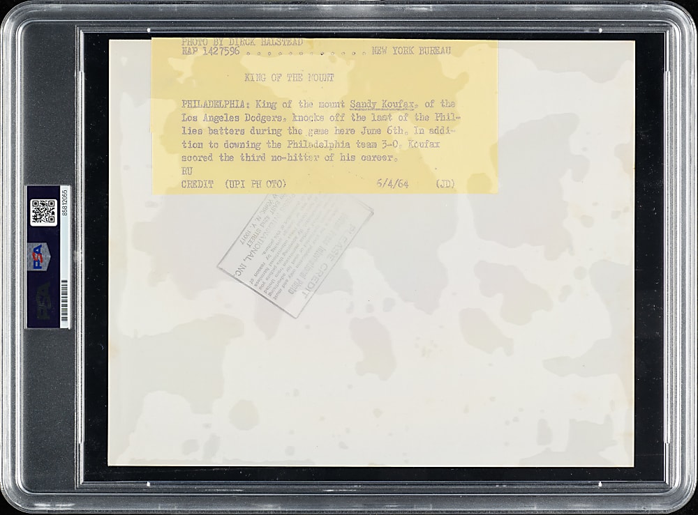 1964 Sandy Koufax Third No-Hitter Original United Press International Photograph PSA/DNA Type I