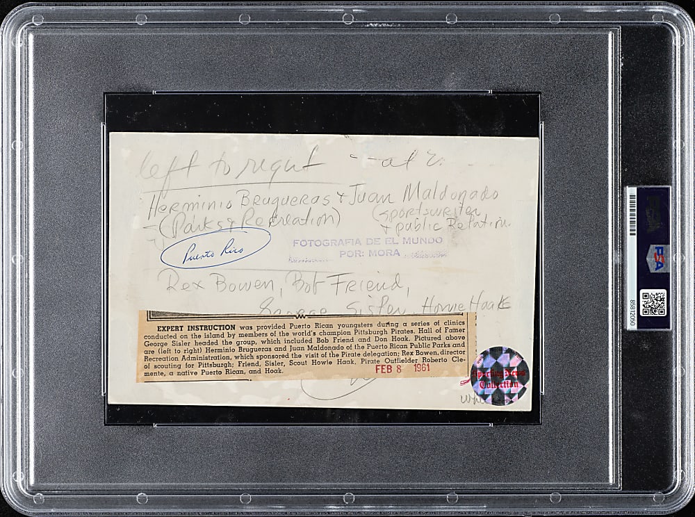 1961 Roberto Clemente, George Sisler, Bob Friend, and Don Hoak Original Photograph PSA/DNA Type I