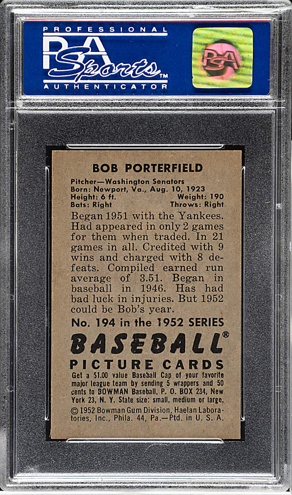 1952 Bowman #194 Bob Porterfield PSA MINT 9
