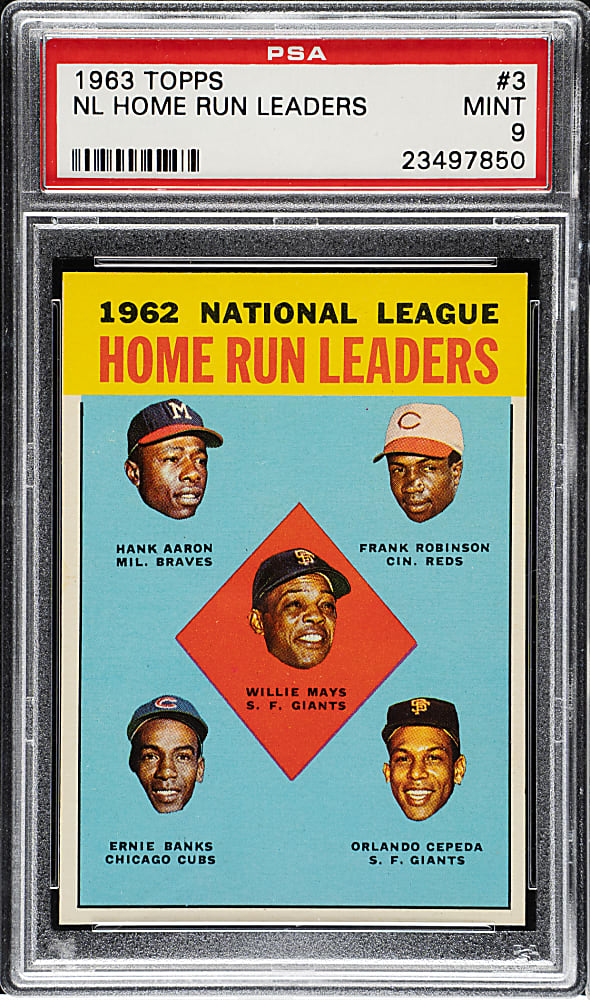 1963 Topps #3 N.L. Home Run Leaders with Aaron, Banks, Cepeda, Mays, and Robinson PSA MINT 9