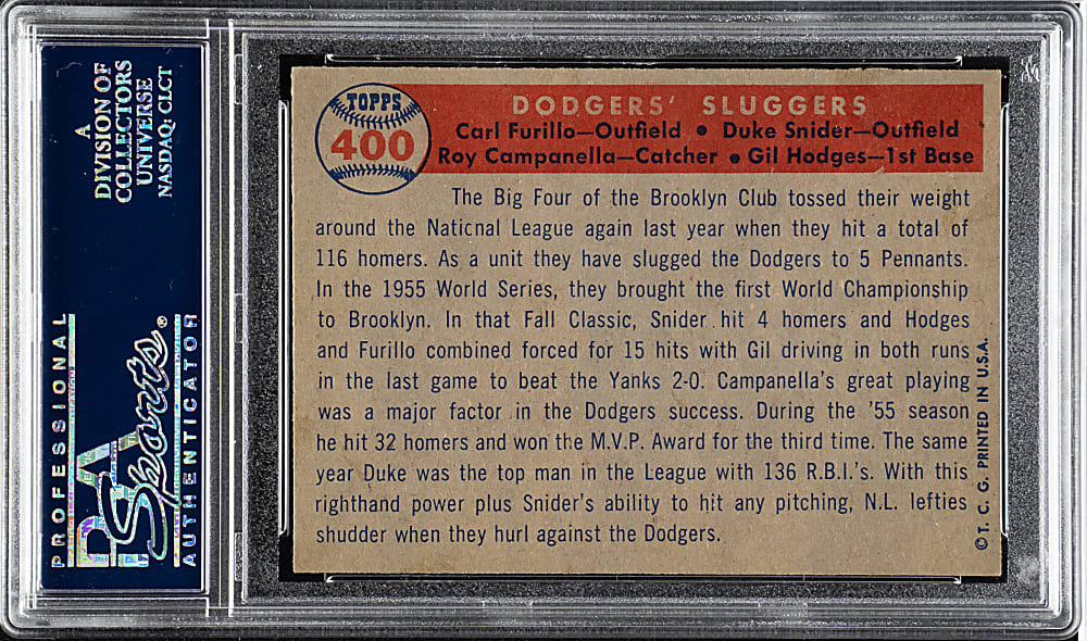 1957 Topps #400 Dodgers' Sluggers with Hodges, Campanella, and Snider PSA NM-MT 8