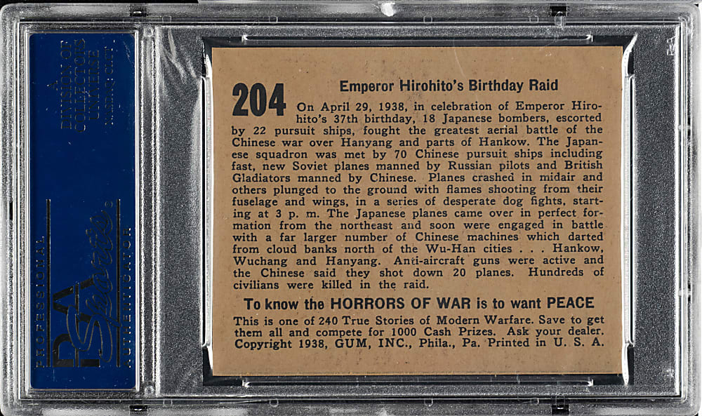 1938 R69 Gum, Inc. "Horrors of War" #204 Emporer Hirohito's Birthday Raid PSA NM-MT 8