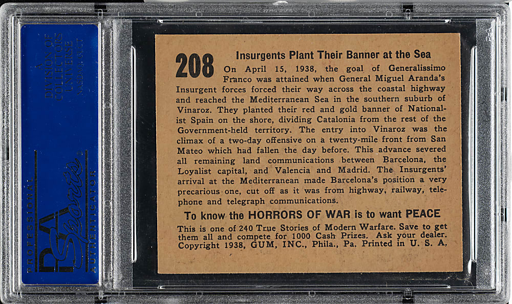 1938 R69 Gum, Inc. "Horrors of War" #208 Insurgents Plant Their Banner at the Sea PSA NM-MT 8