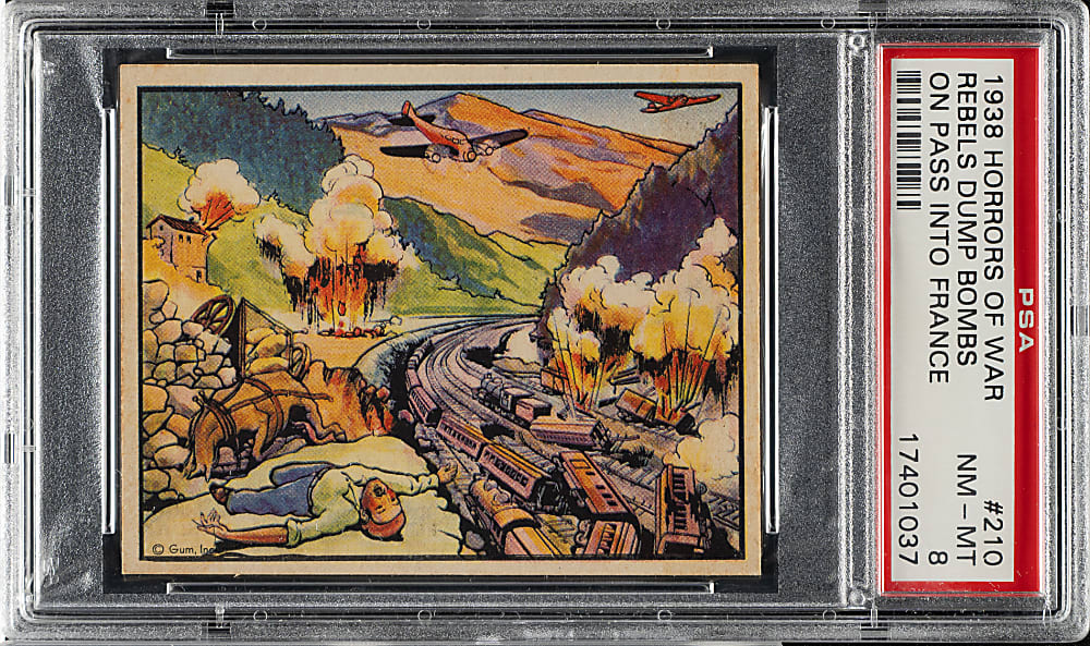 1938 R69 Gum, Inc. "Horrors of War" #210 Rebels Dump Bombs on Pass Into France PSA NM-MT 8