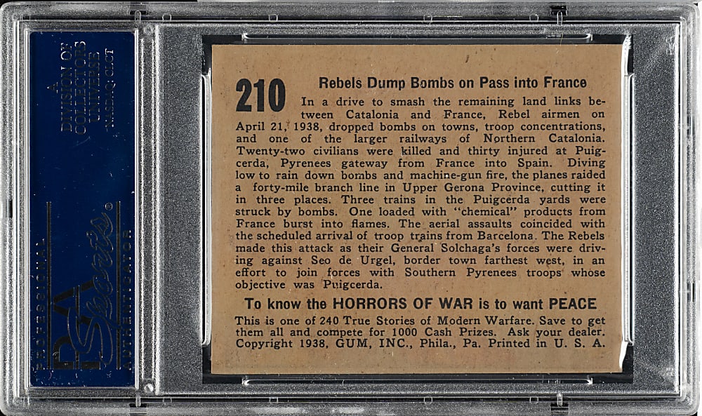 1938 R69 Gum, Inc. "Horrors of War" #210 Rebels Dump Bombs on Pass Into France PSA NM-MT 8