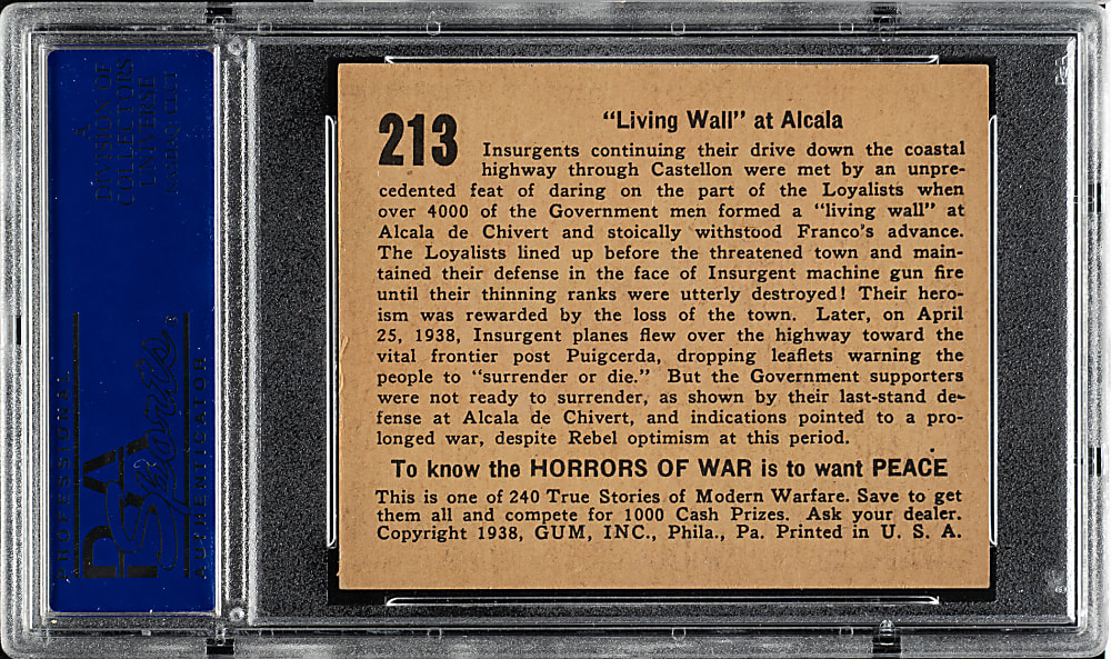1938 R69 Gum, Inc. "Horrors of War" #213 "Living Wall" at Alcala PSA NM-MT 8