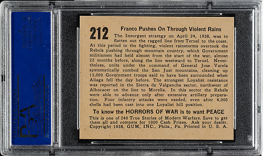 1938 R69 Gum, Inc. "Horrors of War" #212 Franco Pushes on Through Violent Rains PSA NM-MT 8 - Highest Graded!
